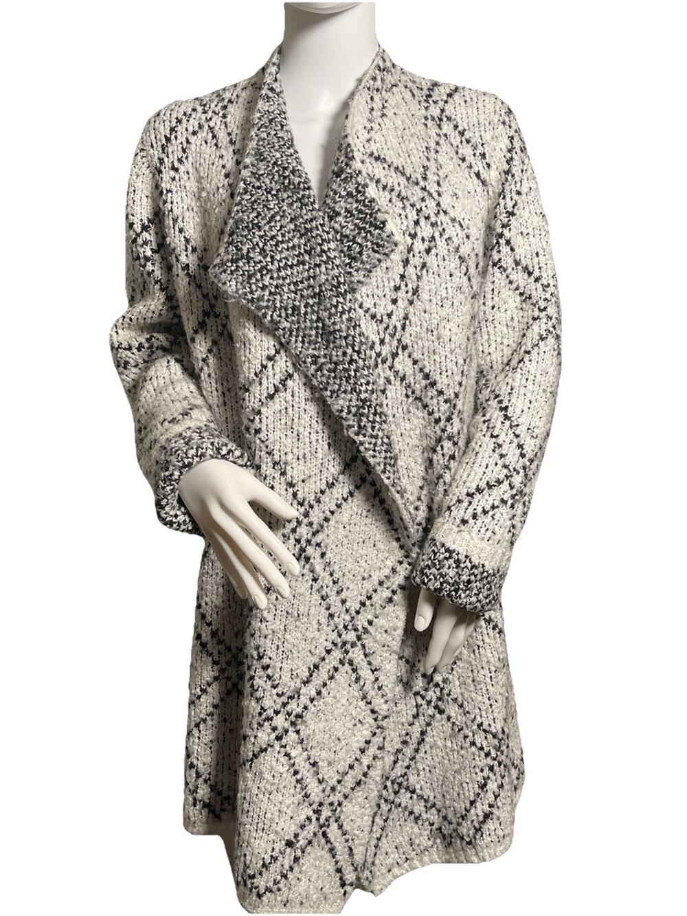 Loft Outlet Women's Open Front Wide Lapel Plaid Black/ Cream Cardigan Size Large